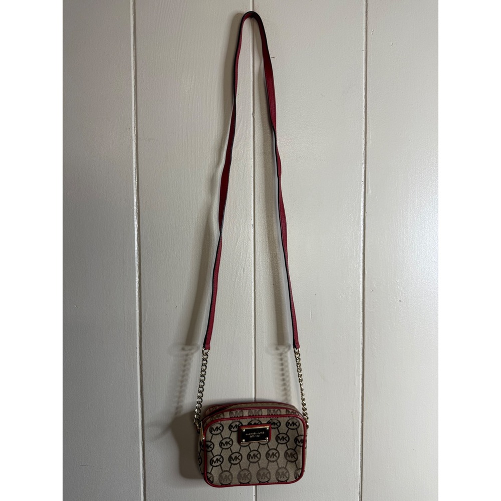 Michael Kors Crossbody‎ Bag Women's Purse MK Logo Print Red Trim Chain Strap